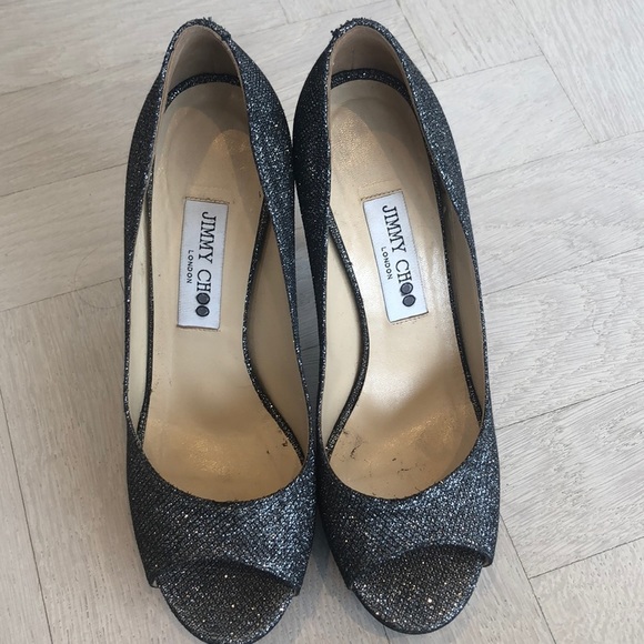 Jimmy Choo Black Sparkly High Heel Peep Toe Shoes - Picture 5 of 8